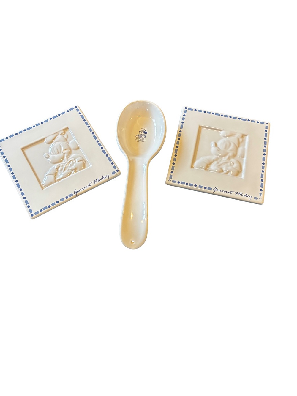 Disney Gourmet Mickey Ceramic Kitchen Set Spoon Rest + 2 Trivets Blue Embossed